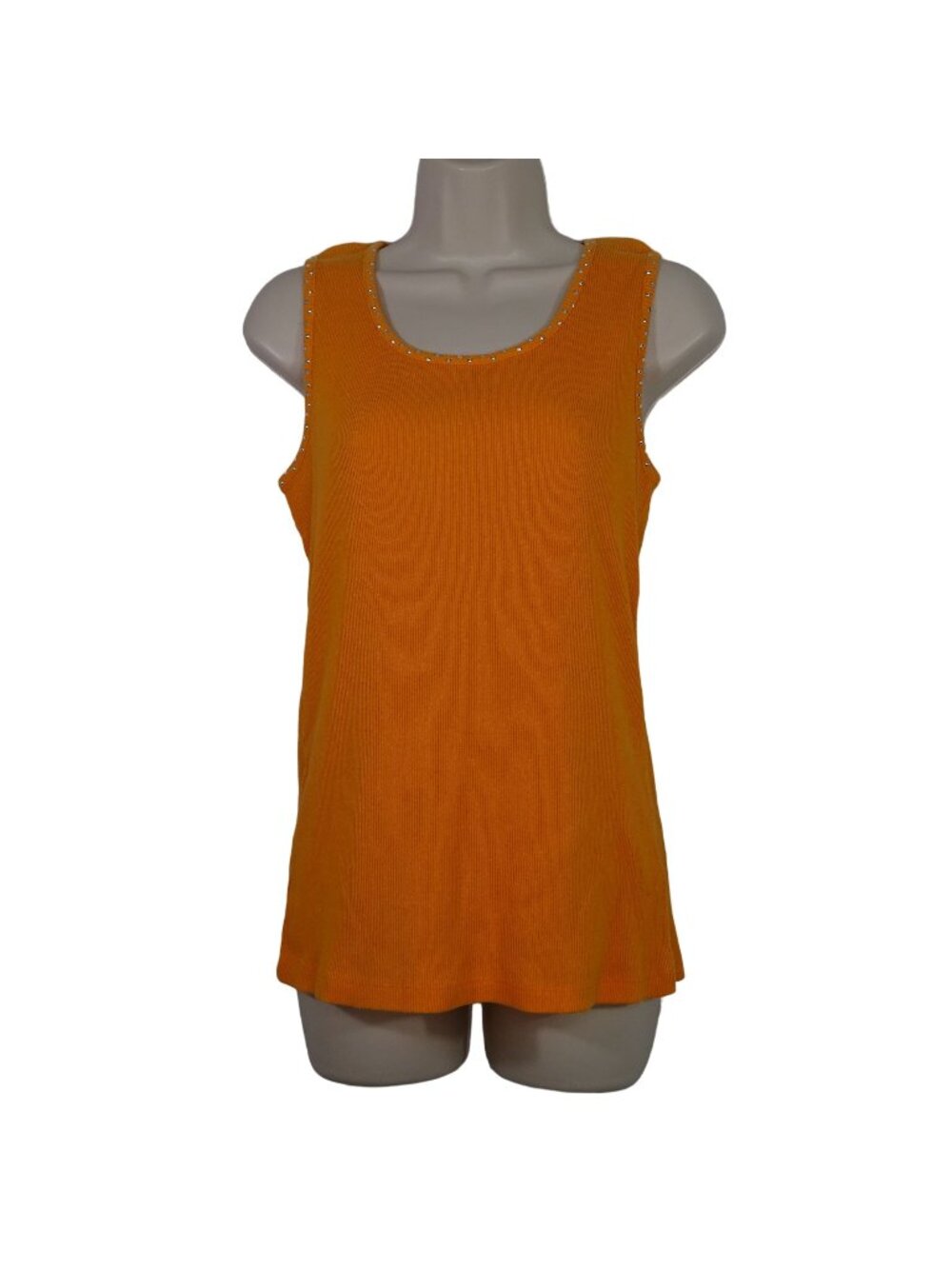 Hannah Orange Ribbed Tank Top Sleeveless Women Size M Rhinestone Studded Trim